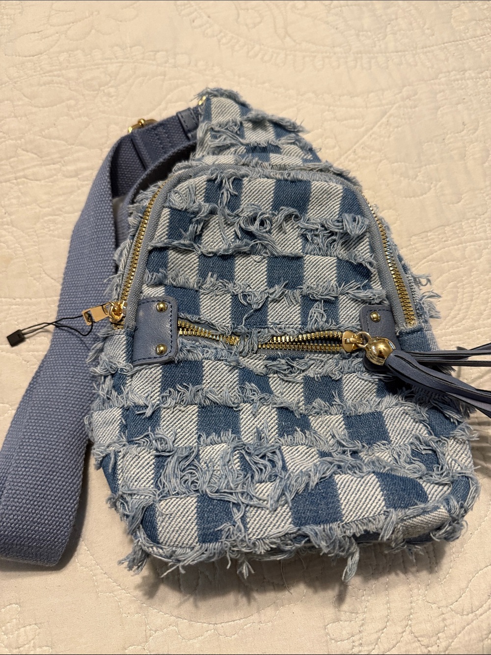 Frayed Check Denim Crossbody Sling Bag - Light Blue